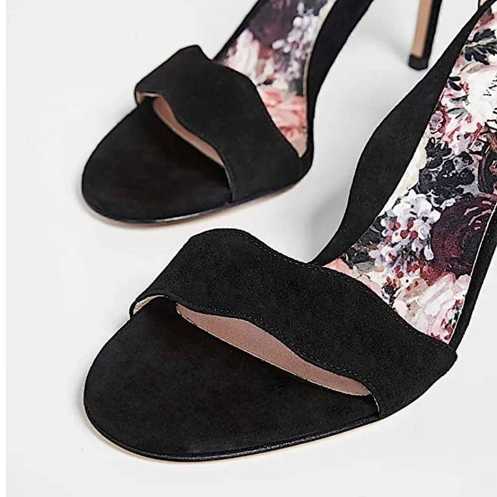 Marion Parke Fiona Black Suede Scalloped Sandals